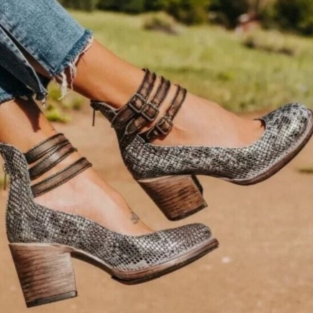 Gray Snakeskin Block Heel Ankle Boots